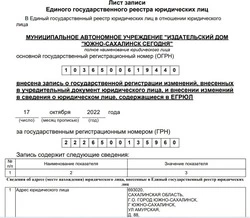 ЕГРЮЛ МАУ «Издательский дом «Южно-Сахалинск сегодня»