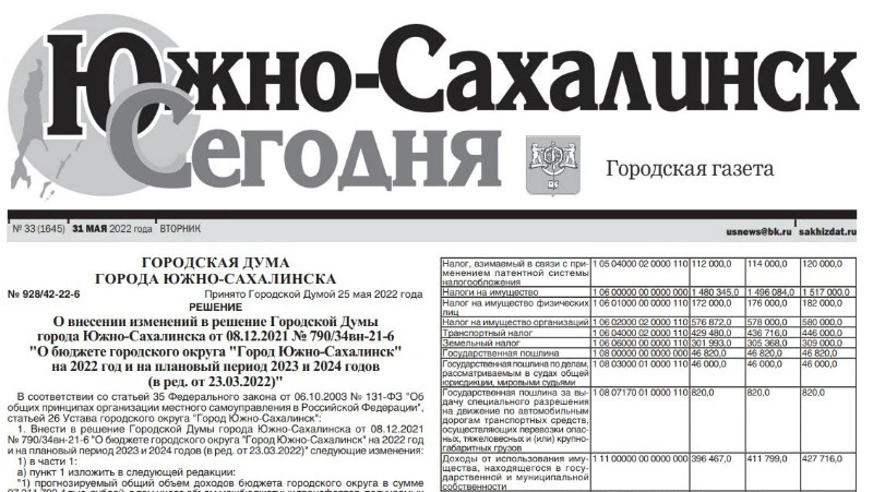 Выпуск газеты «Южно-Сахалинск сегодня» № 33 (1645) от 31 мая 2022 года