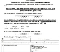 ЕГРЮЛ МАУ «Издательский дом «Южно-Сахалинск сегодня»
